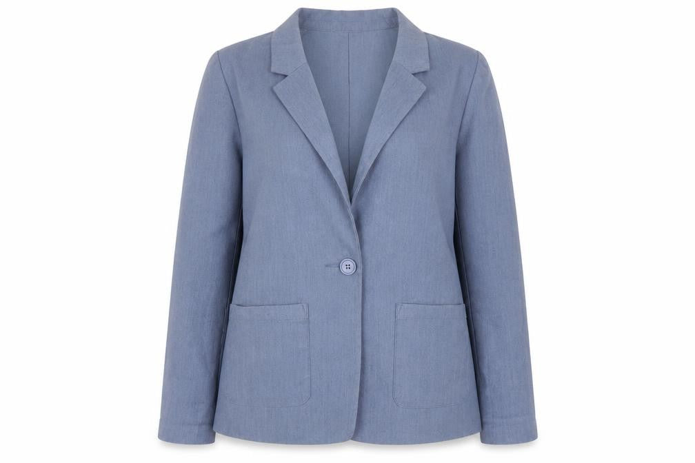 Front view of H&M Women's Blue Blazer, size 12, Regular Fit, One-Button