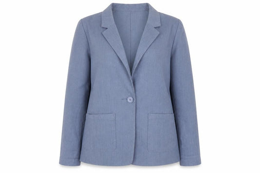Front view of H&M Women's Blue Blazer, size 12, Regular Fit, One-Button