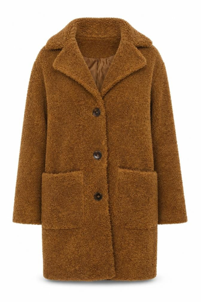 Front view of Warehouse Women's Brown Overcoat, size 8, Classic Style