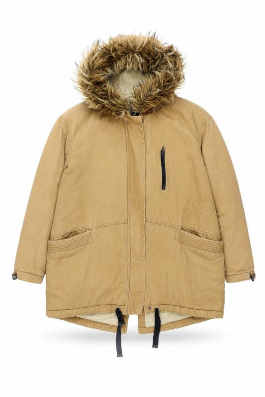 Front view of ASOS unisex beige parka jacket with fur trim