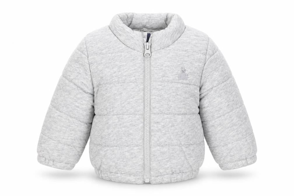 Front view of Baby Gap unisex grey puffer jacket 0-6 months cotton