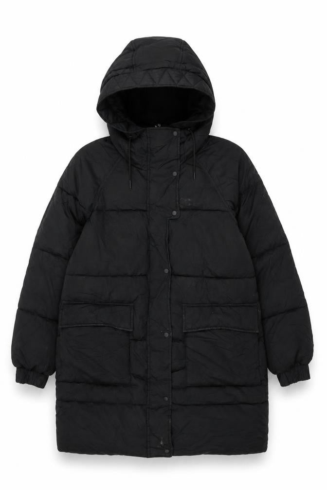 Front view of H&M Women's Black XS Puffer Jacket Hooded Winter Coat