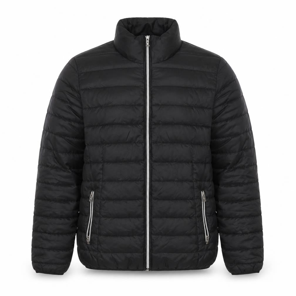 Front view of Astrolabio unisex black quilted jacket uk 16