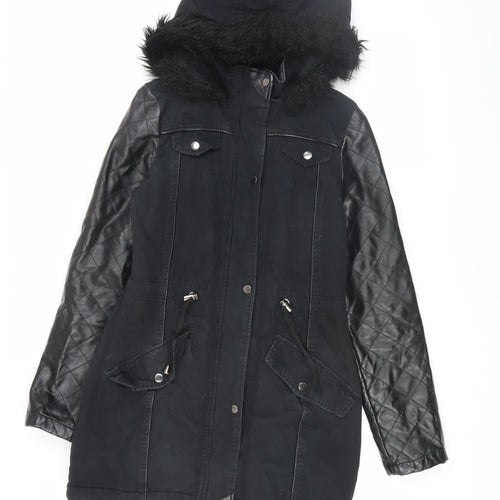 Brave Soul Women's Black Parka Jacket with Fur Trim XS