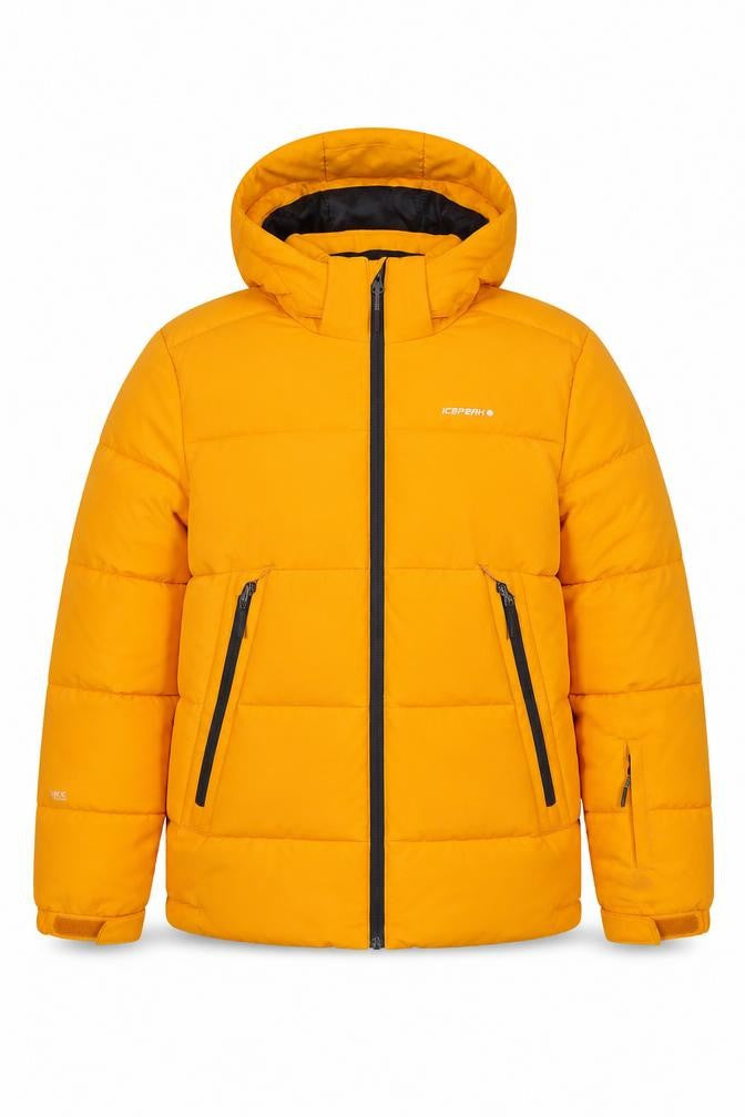 Front view of Icepeak women’s orange puffer jacket, size UK 176, hooded, casual