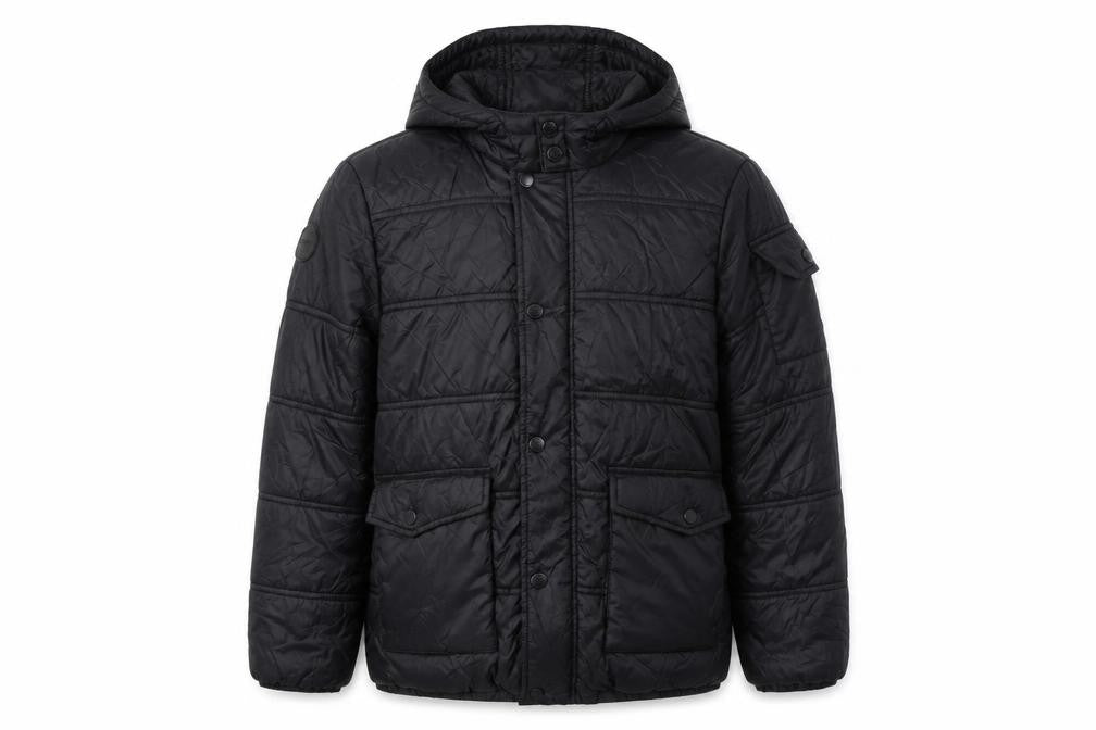 Front view of Firetrap boys’ black puffer jacket 13 years hooded winter