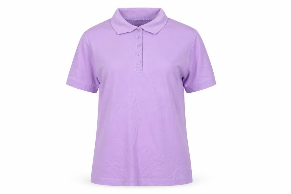 Front view of Isle Essentials Women's Purple Polo Shirt, L