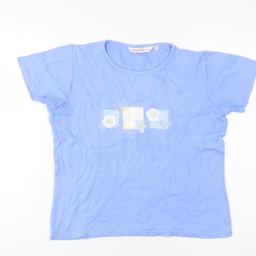 EWM Women's Blue Floral Embroidered T-Shirt, Size 10-12