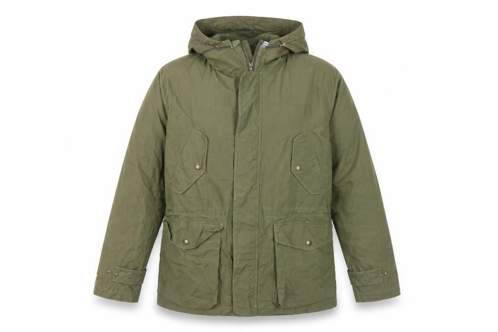 Front view of Impermeabile women’s green short parka jacket, size UK 12