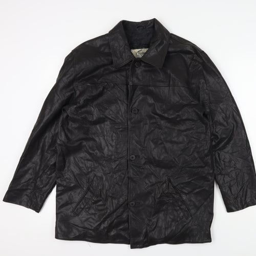 Men's Black Faux Leather Mid-Length Overcoat, M