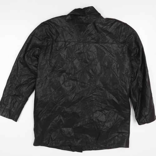 Men's Black Faux Leather Mid-Length Overcoat, M