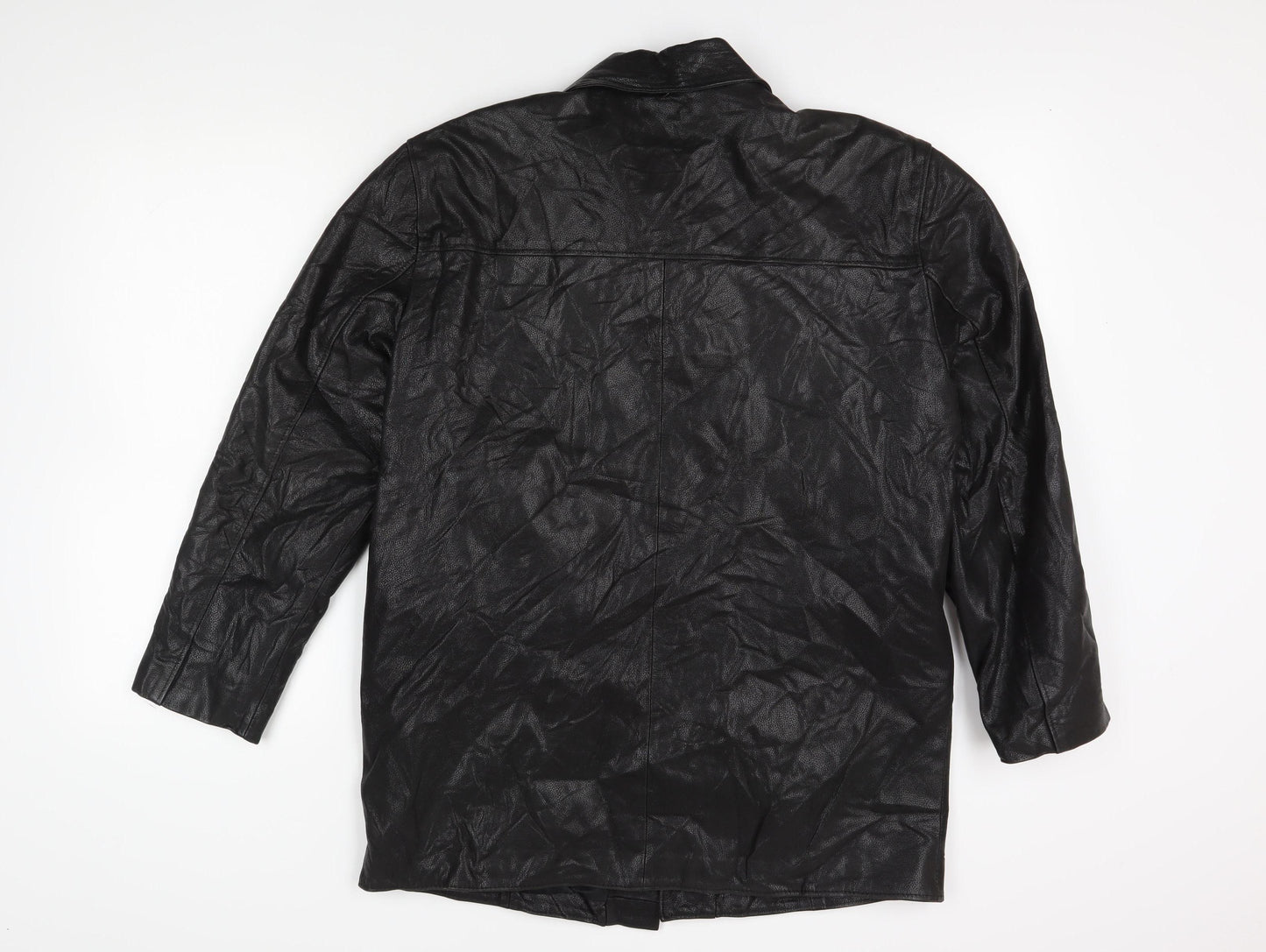 Men's Black Faux Leather Mid-Length Overcoat, M