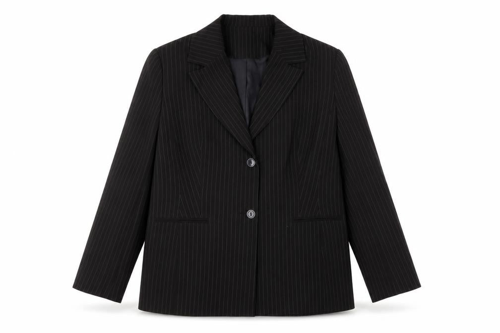 Front view of Amaranto Women's Black Pinstripe Suit Jacket, size 16