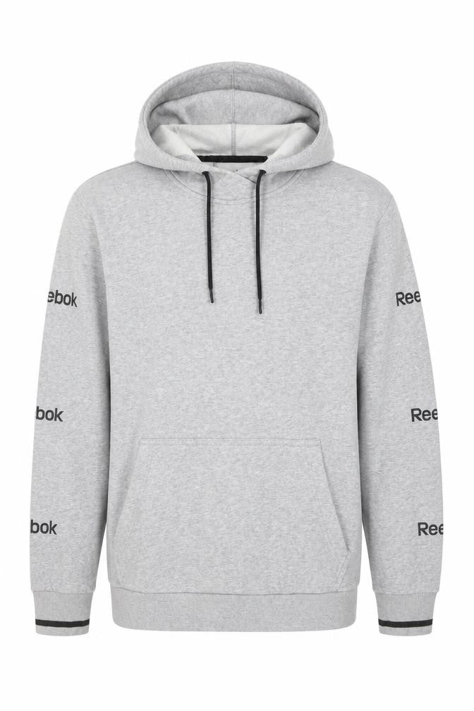 Front view of Reebok Men's Grey Pullover Hoodie L, Logo Style