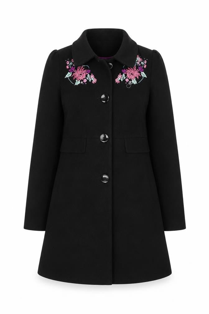 Front view of Red Herring Women's Black Wool Embroidered Coat, size 8