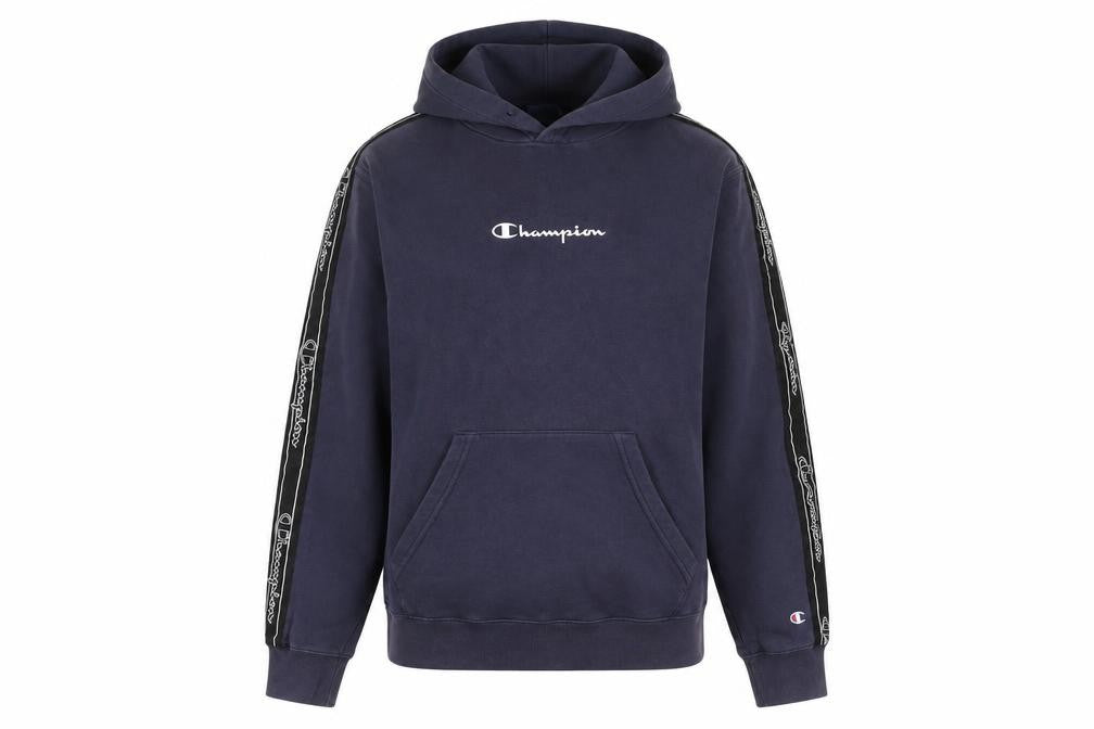 Front view of Champion unisex blue hoodie xs pullover logo casual