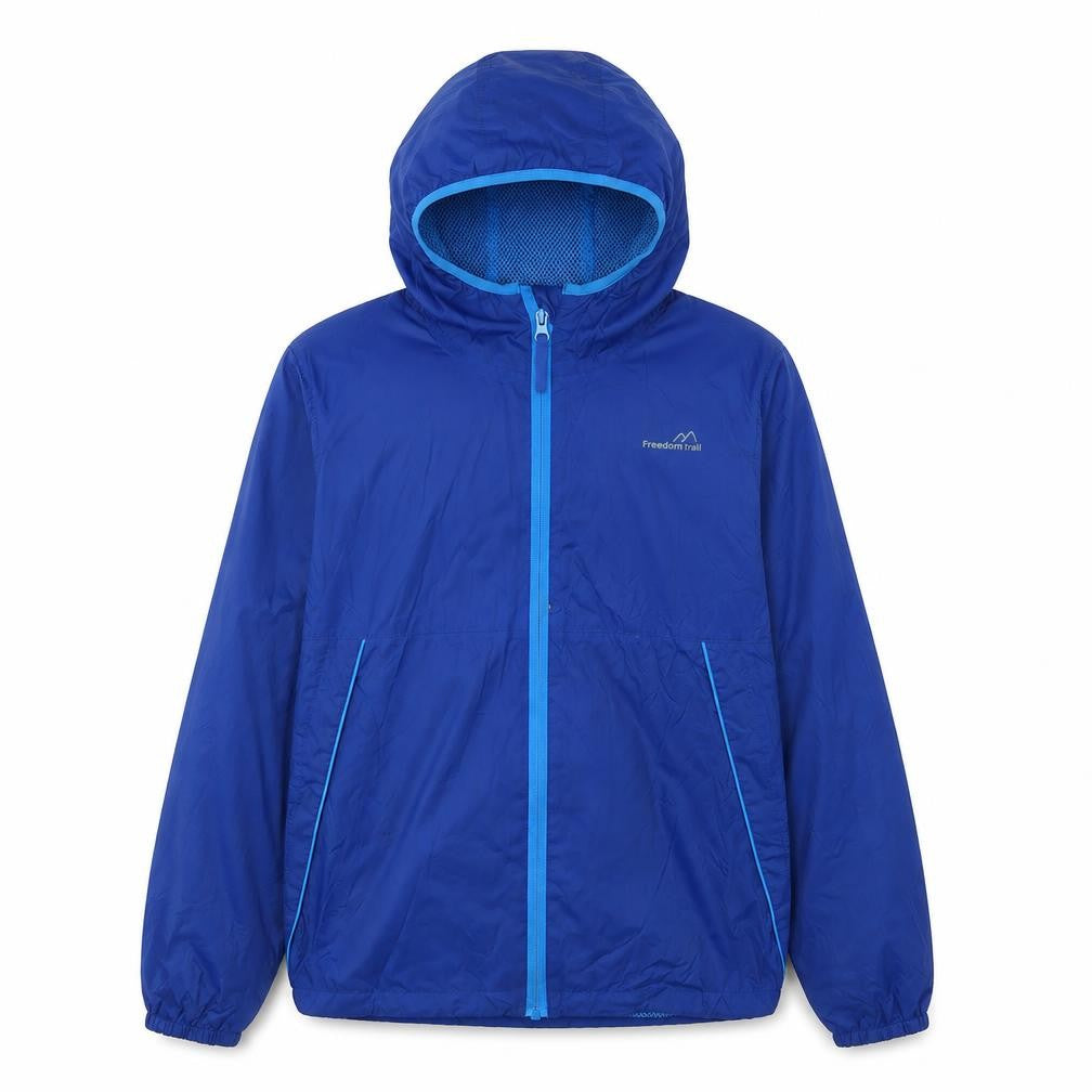 Front view of Freedom Trail boys’ blue hooded windbreaker jacket l