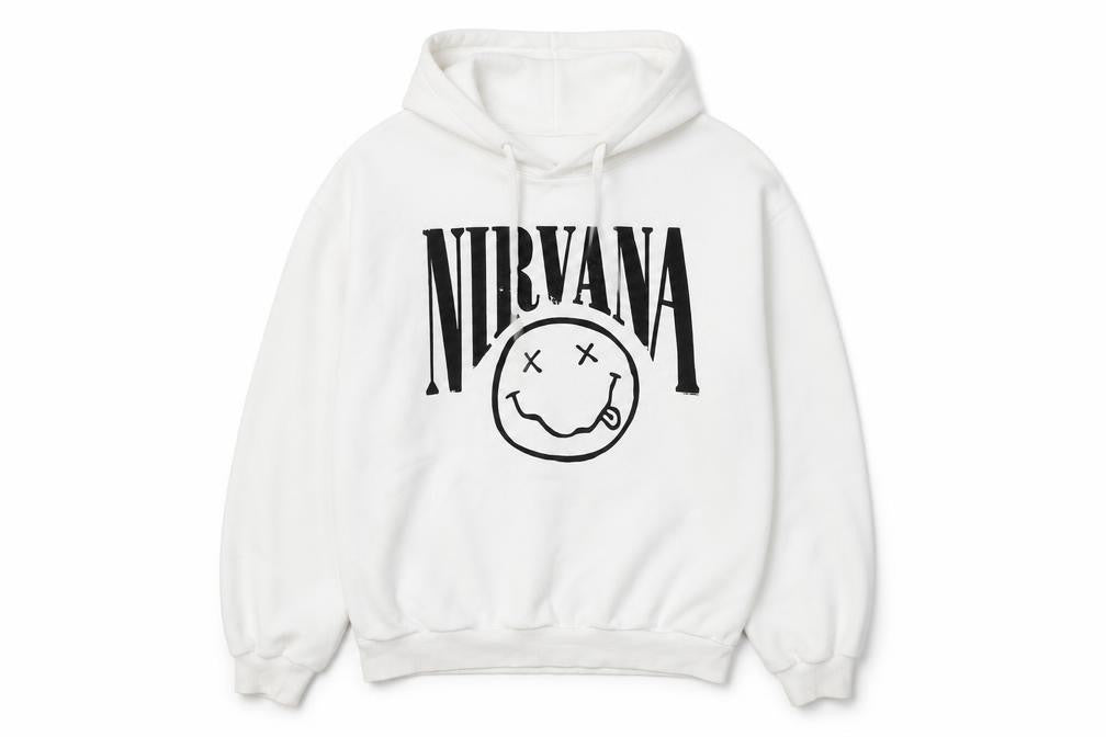 Front view of Bershka Women White Nirvana Hoodie Small