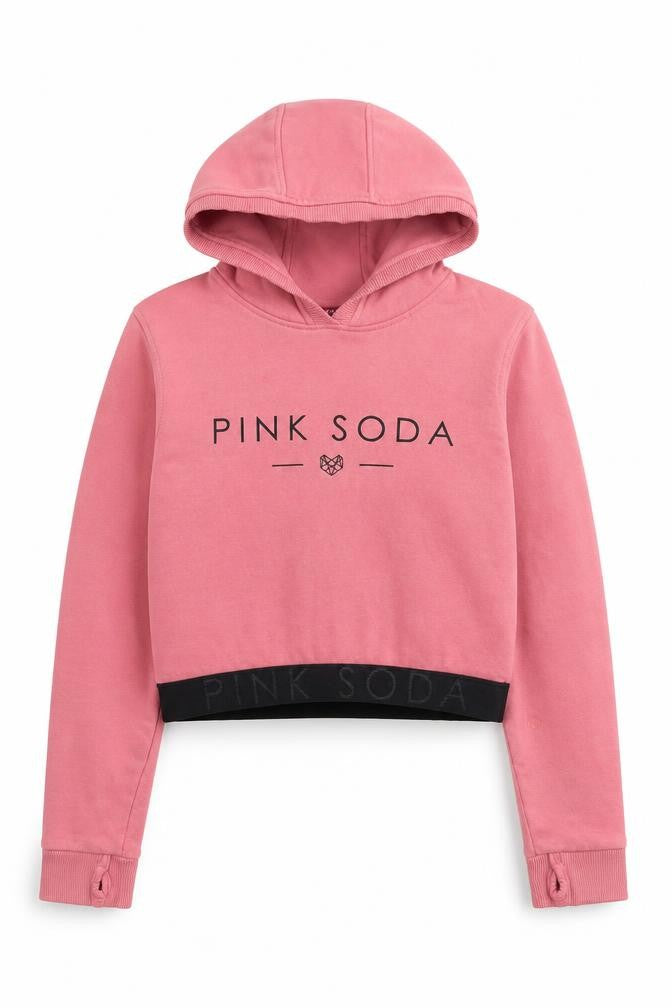 Front view of Pink Soda Women's Pink Hoodie, size 8, Pullover
