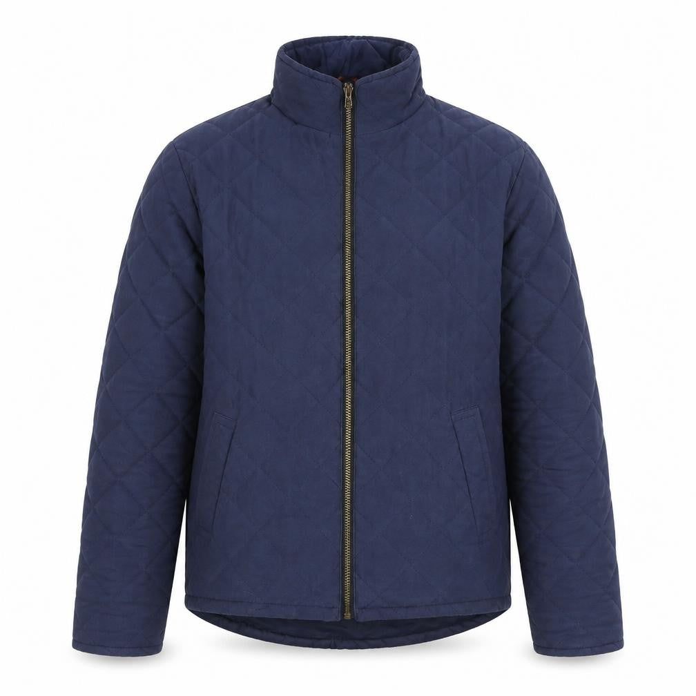 Front view of Hi-Diver Men's Blue Quilted Jacket, Medium, Stand-Up Collar