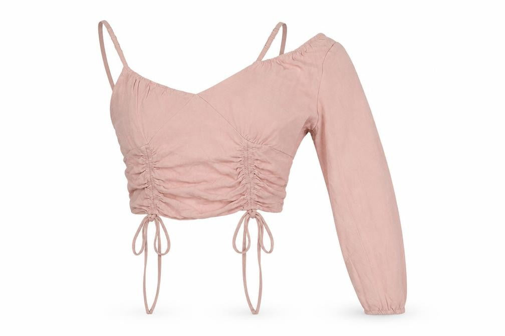 Front view of ASOS Women's Pink Cropped Blouse, size 14, Lightweight