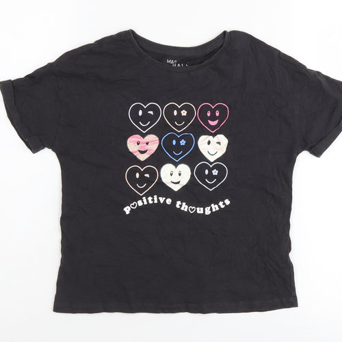 Marks & Spencer Girls Black T-Shirt 8-9Y Positive Thoughts