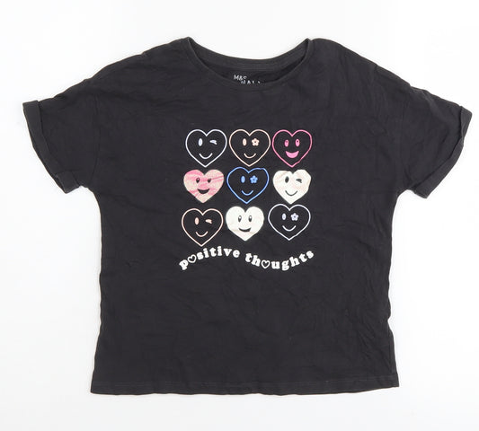 Marks & Spencer Girls Black T-Shirt 8-9Y Positive Thoughts