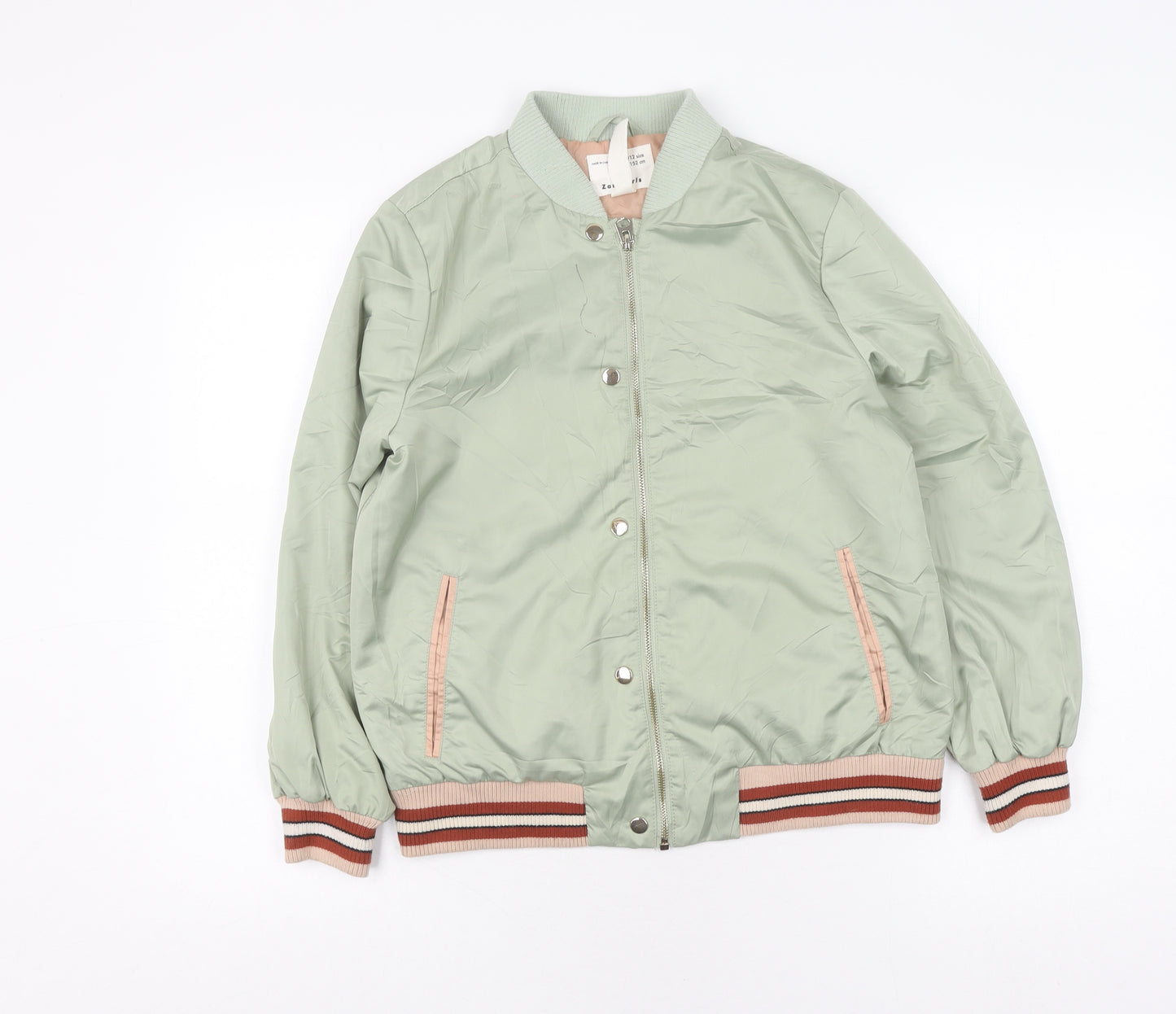 Zara Girls Green Bomber Jacket, Size 11-12 Years, Lined