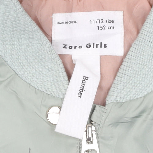 Zara Girls Green Bomber Jacket, Size 11-12 Years, Lined