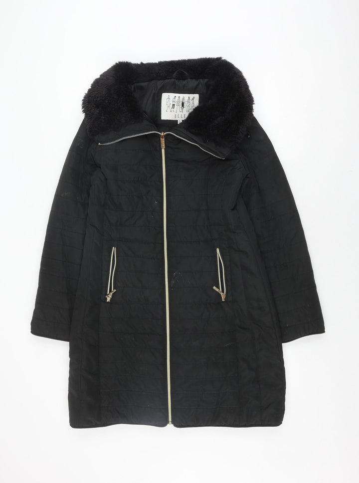 Elle Women's Black Puffer Jacket, Size 10, Fur Trim, Winter