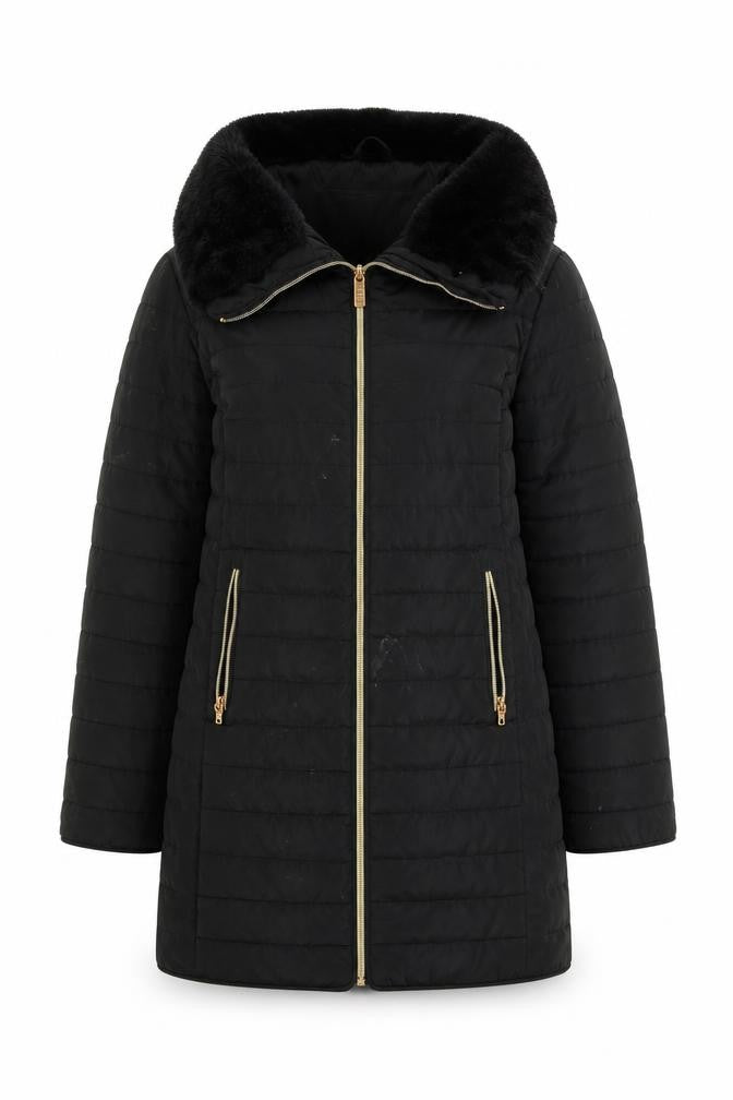 Front view of ELLE Women's Black Puffer Jacket, size 10, Fur Trim, Winter