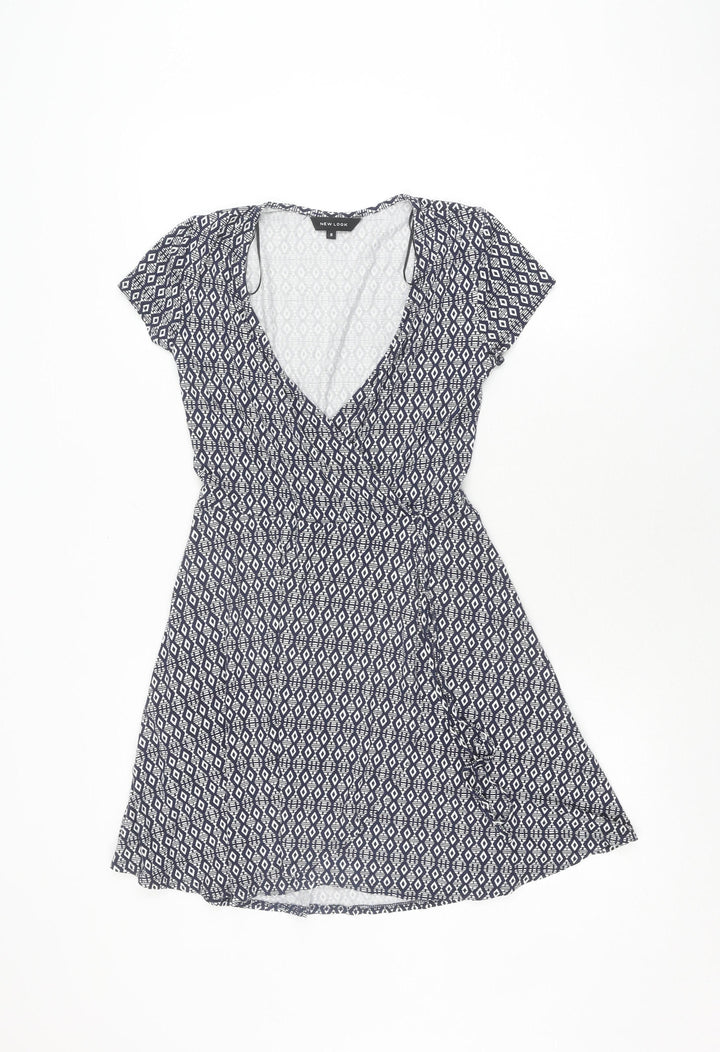 New Look Women's Blue Geometric Fit & Flare Dress Size 8