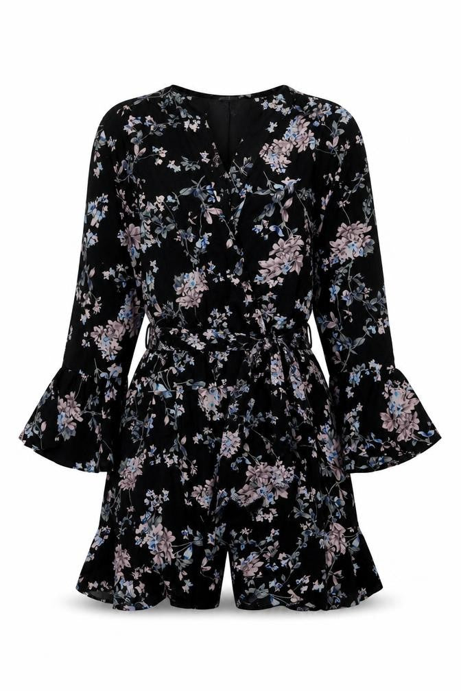 Front view of Miss Selfridge Women's Black Petite Floral Playsuit