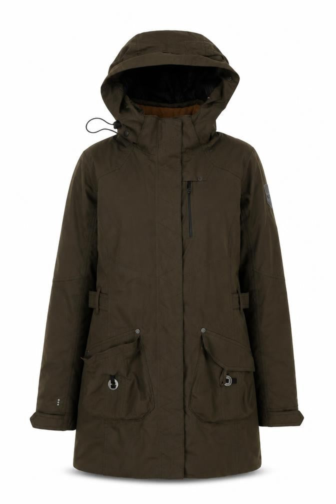 Front view of Skila women’s green parka jacket, regular fit, autumn/winter