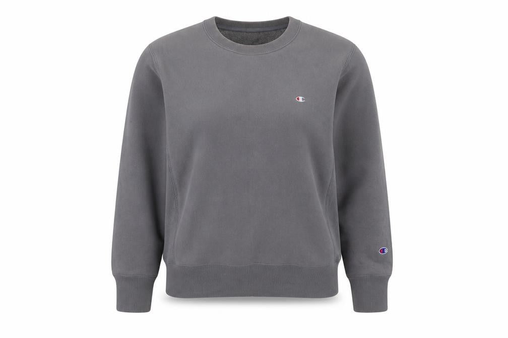 Front view of Champion Grey Pullover Sweatshirt, unisex s, logo style