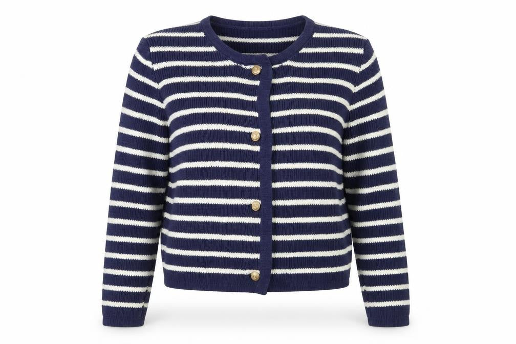 Front view of Misskoo Women's Blue Striped Cardigan M