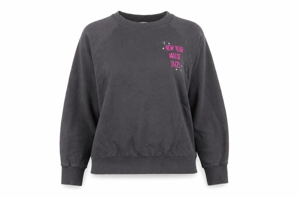 Front view of H&M unisex grey pullover sweatshirt l graphic print