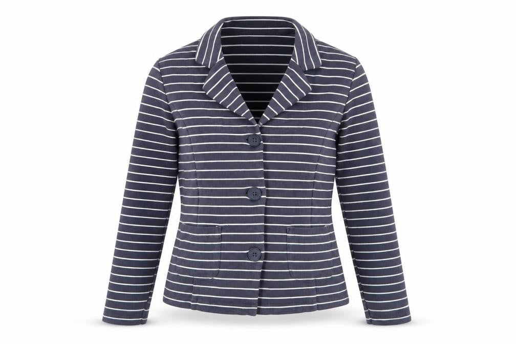 Front view of Tulchan Women's Blue Striped Jersey Button-Up, size 10