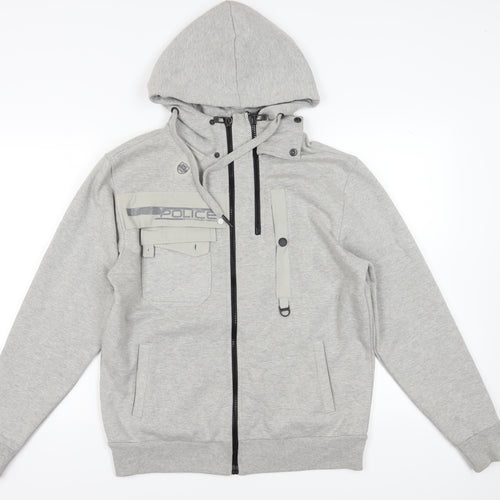 Police Men's Grey Full Zip Hoodie, M, Hooded with Logo