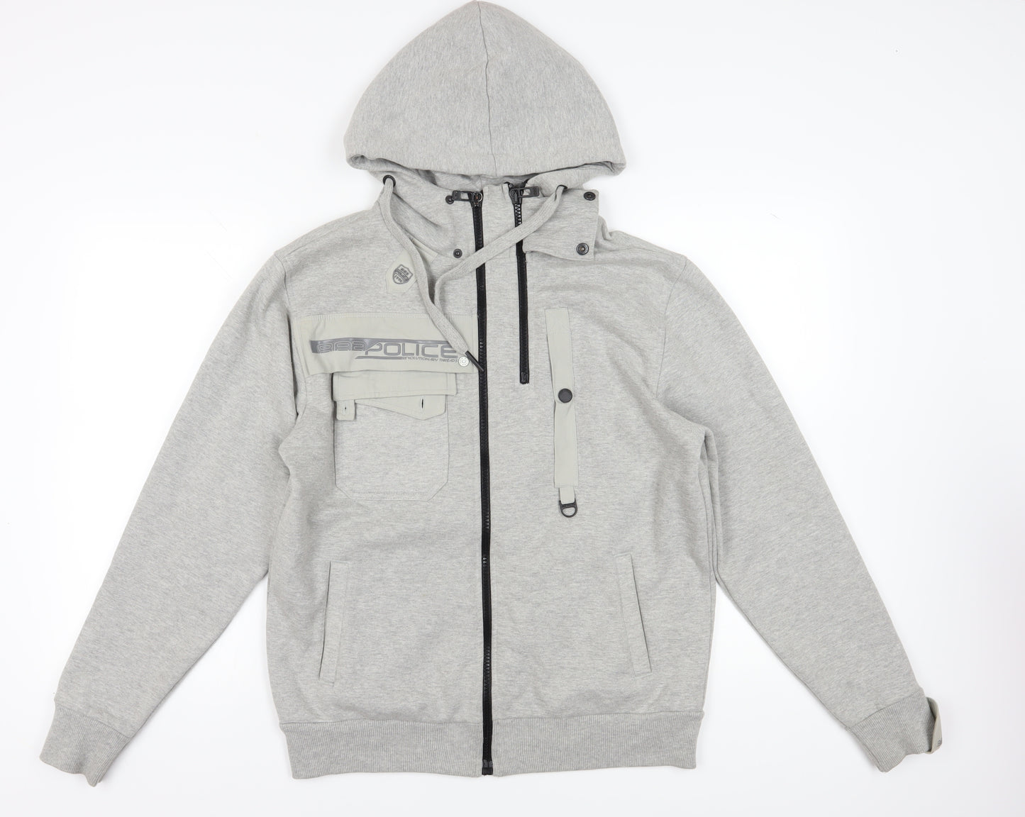 Police Men's Grey Full Zip Hoodie, M, Hooded with Logo