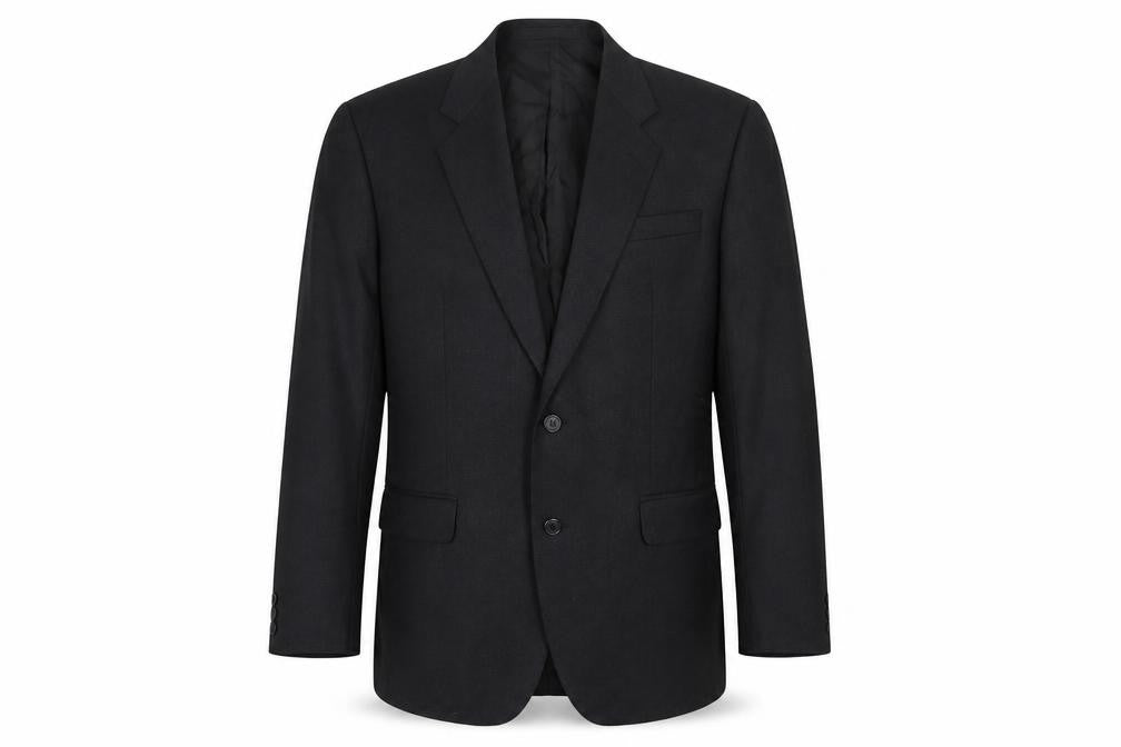 Front view of The Label Men's Black Wool Blazer, size 40R, Formal