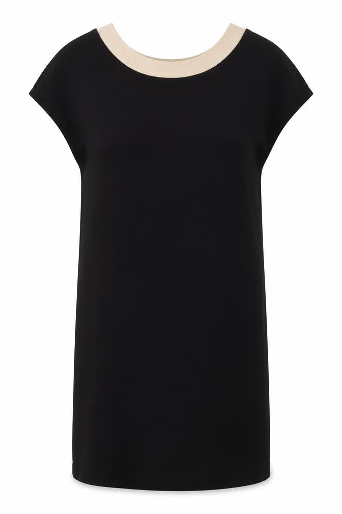 Front view of Moutaki Women's Black Shift Dress, size S, Casual