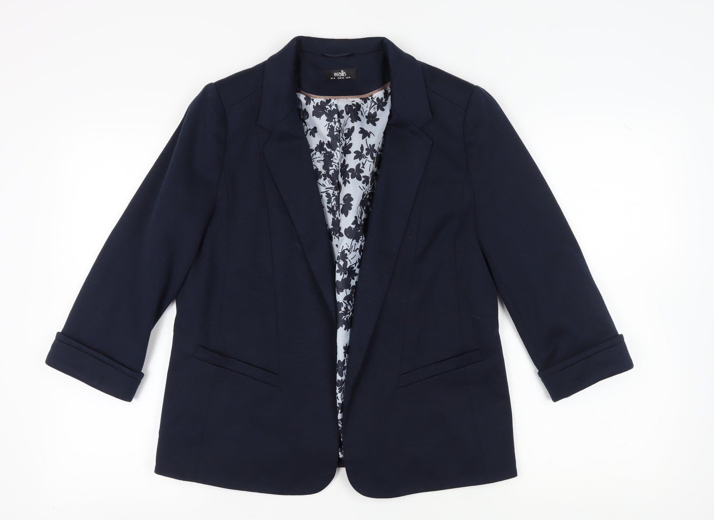 Wallis Women's Blue Blazer Size 14, Notch Lapel, 3/4 Sleeve