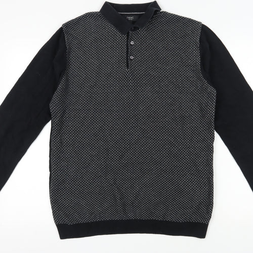 NEXT Men's Black Henley Jumper, L, Collared Geometric Knit