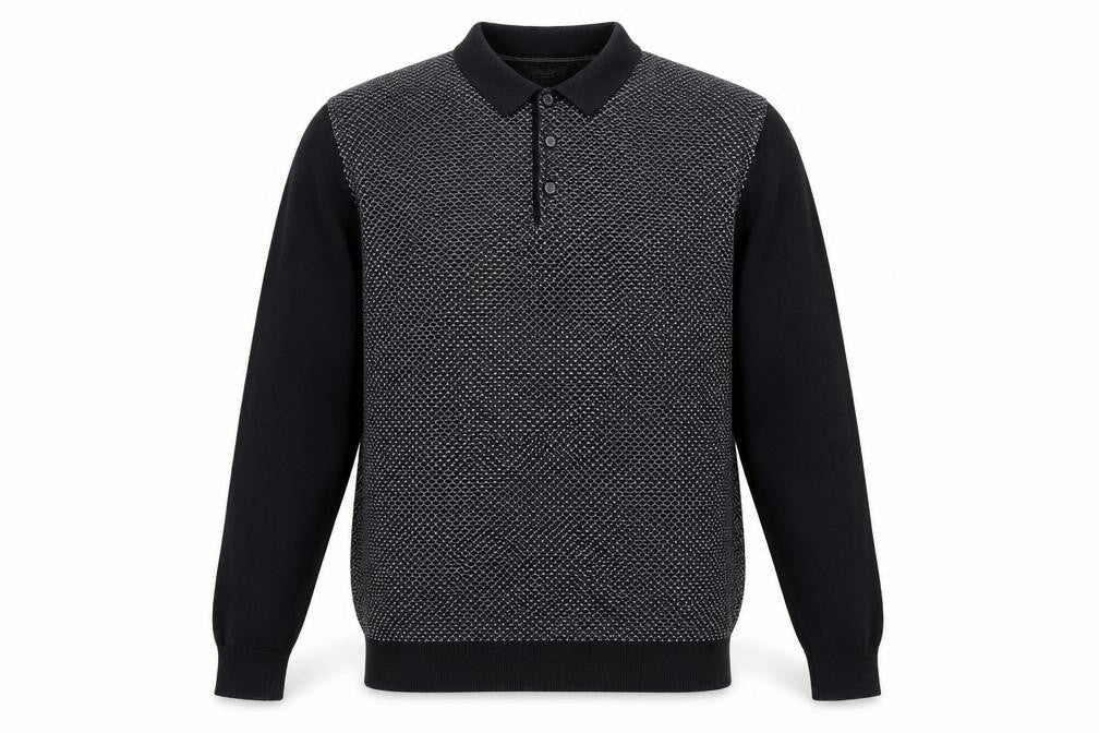 Front view of Next Men's Black Henley Jumper, L, Collared Geometric Knit