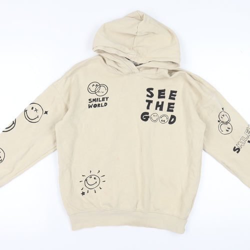 H&M Girls Beige Pullover Hoodie, Graphic Print, 11-12 Years
