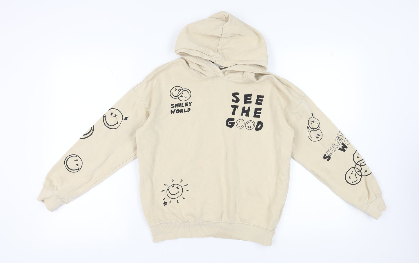 H&M Girls Beige Pullover Hoodie, Graphic Print, 11-12 Years