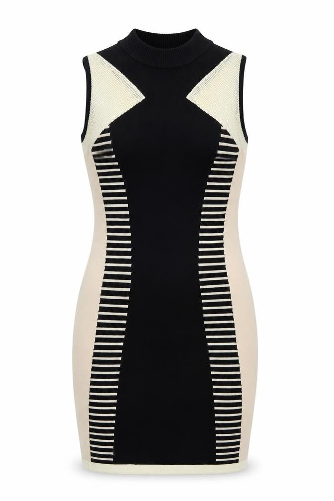 Front view of River Island Women's Black Beige Bodycon Dress, size 12