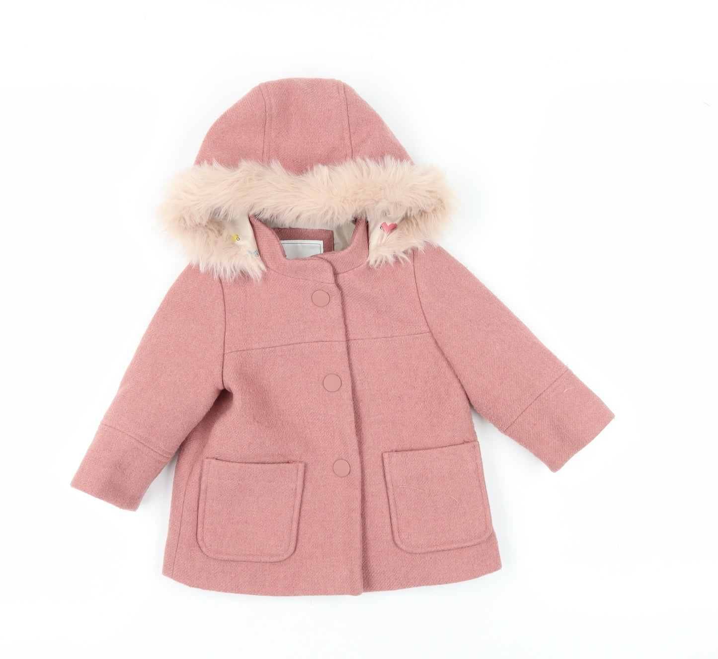 Next Girls Pink Wool Blend Hooded Coat 9-12 Months