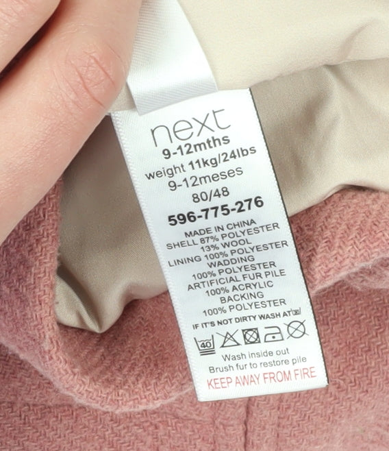 Next Girls Pink Wool Blend Hooded Coat 9-12 Months